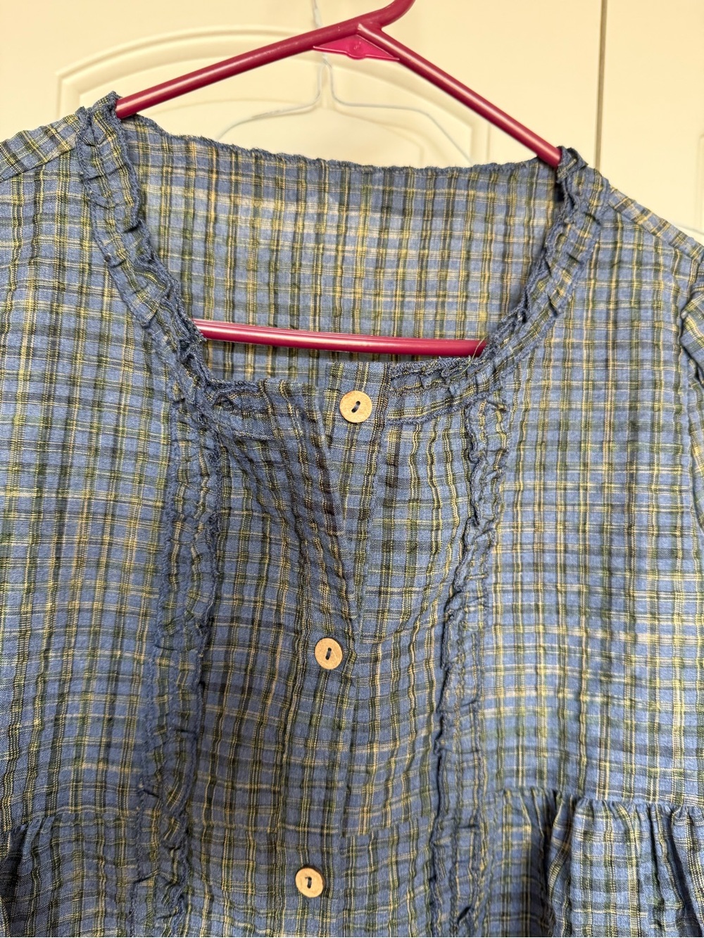Blue Ruffle-Trim Button Front Women's Top - Picture 4 of 9